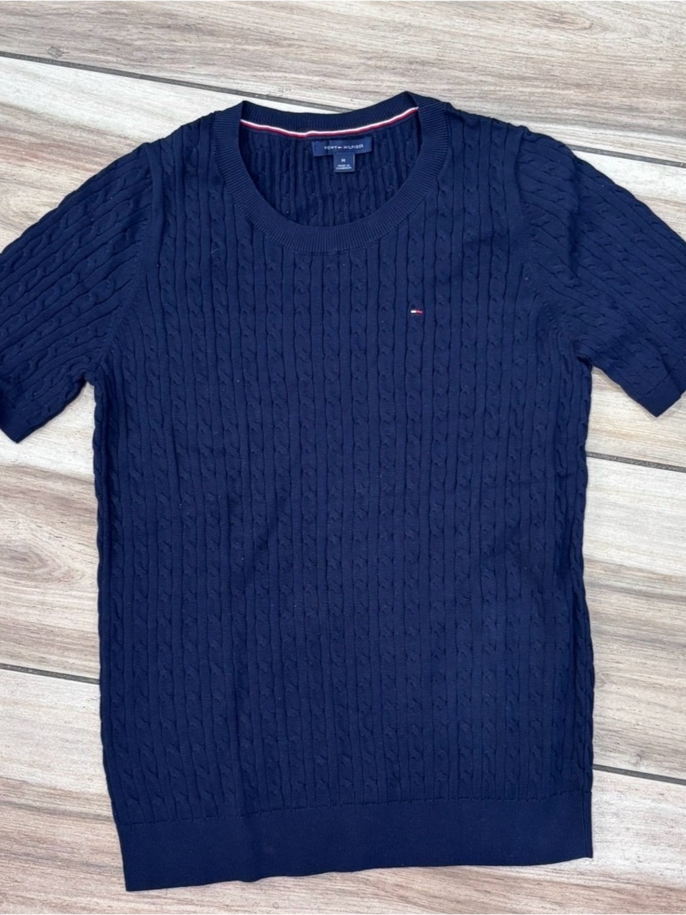 Tommy Hilfiger Navy Cable-Knit Short Sleeve Sweater Top